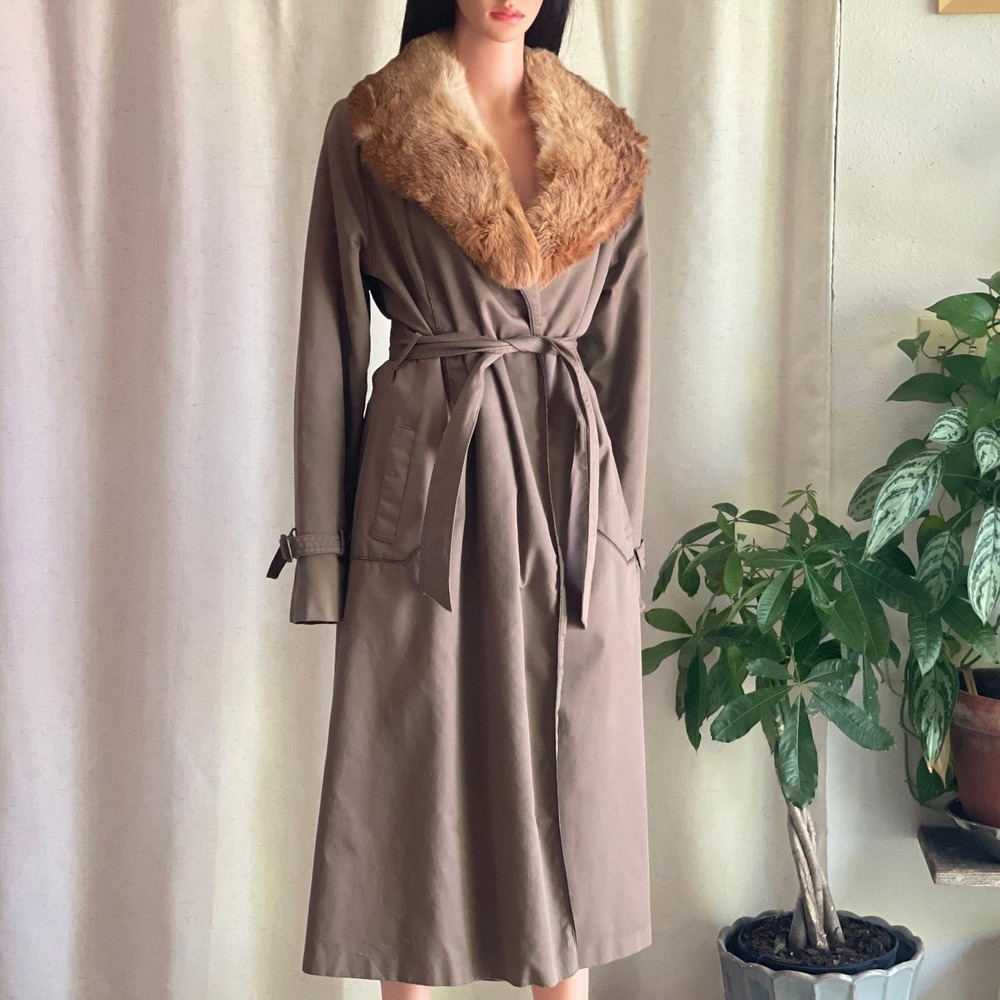 Vtg 80s Taupe Brown Belted Trench Coat Fur Collar Plaid Lining Old Money Size 12